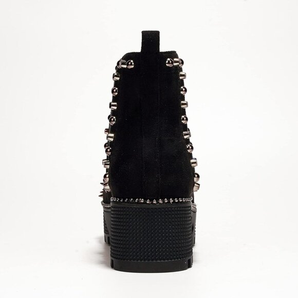 Women's Black Studded Goth Punk Spiky Bold Design Chunky Heel Comfort Boot - Picture 6 of 7
